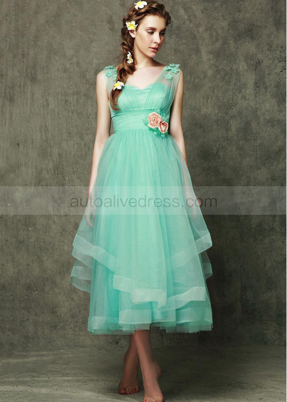 Mint Tulle Straps Corset Back Ankle Length Prom Dress